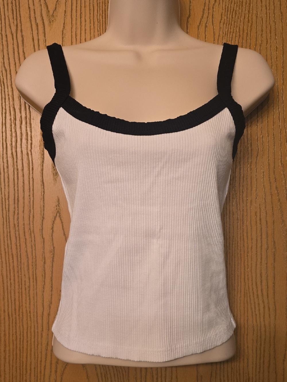 Women's White Ribbed Tank with Black Trim - Classic Contrast Cami